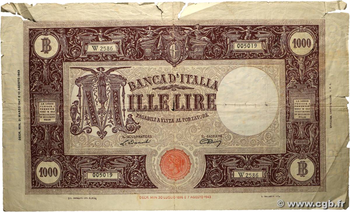1000 Lire ITALY  1947 P.072c VG