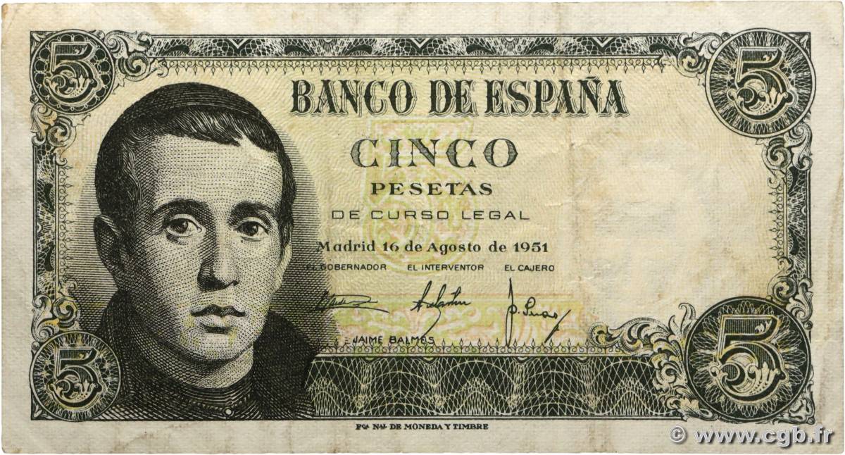 5 Pesetas SPANIEN  1951 P.140a fVZ