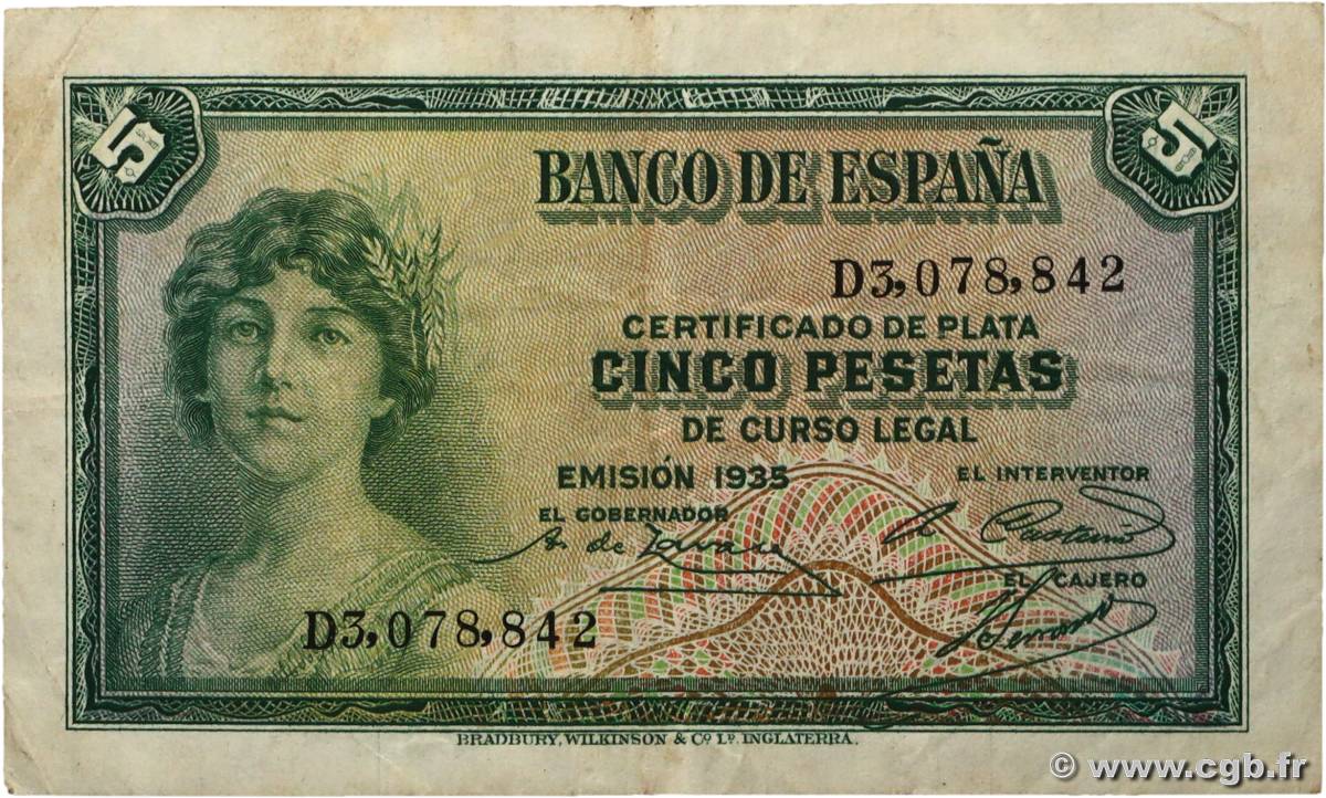 5 Pesetas SPANIEN  1935 P.085a fSS