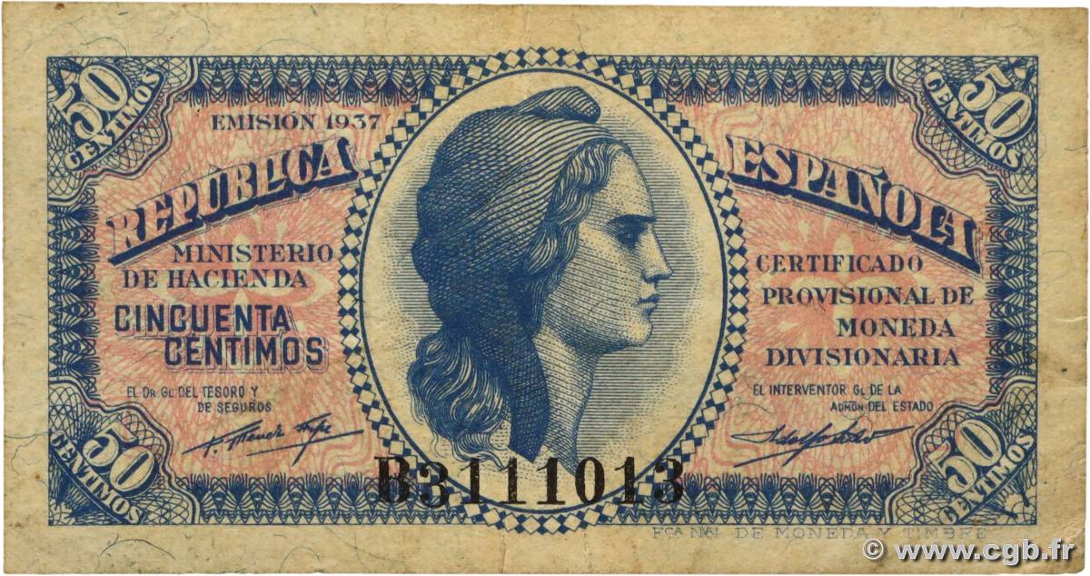50 Centimos SPANIEN  1937 P.093 fVZ