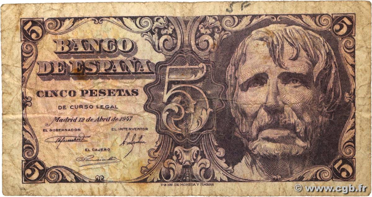 5 Pesetas SPAIN  1947 P.134a VG
