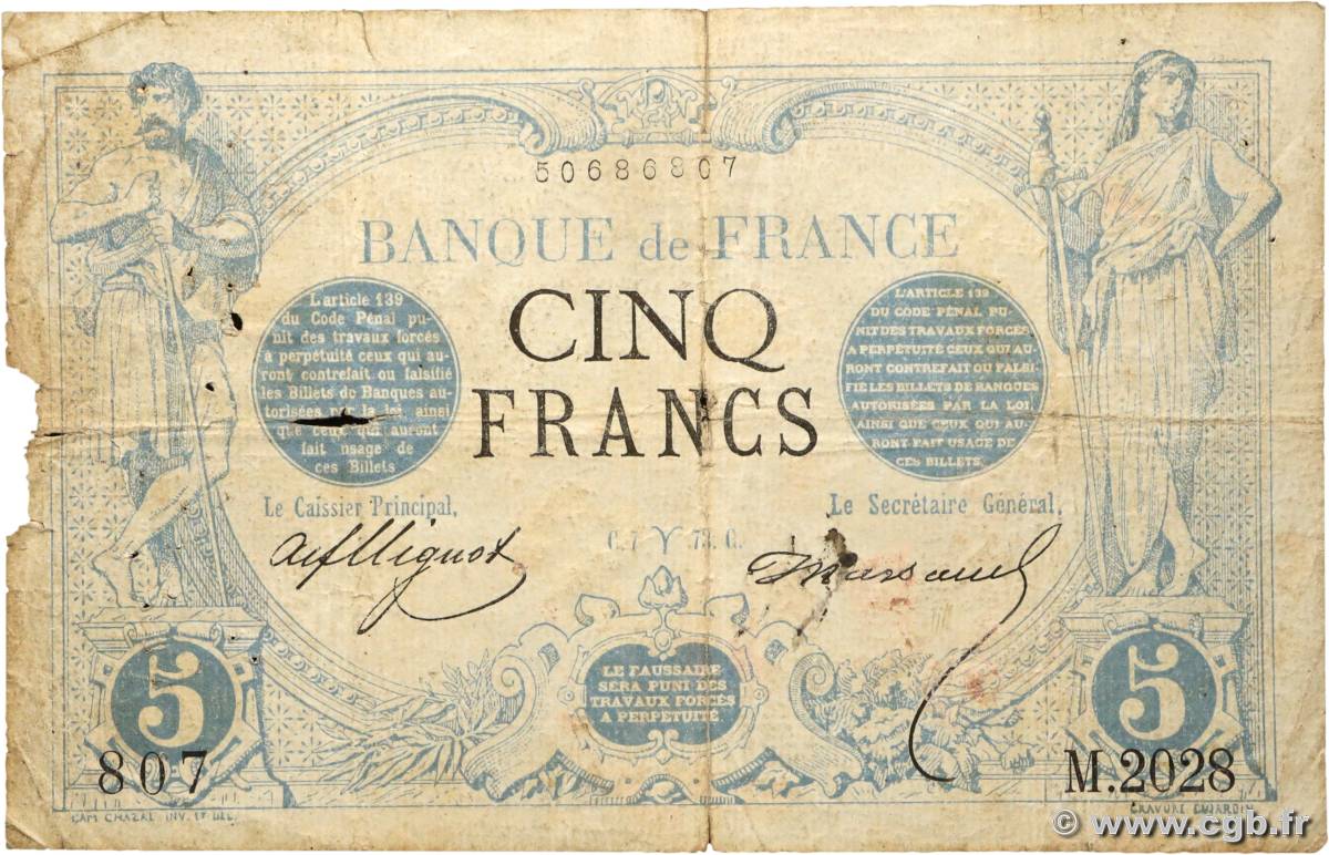 5 Francs NOIR FRANKREICH  1873 F.01.16 fSGE