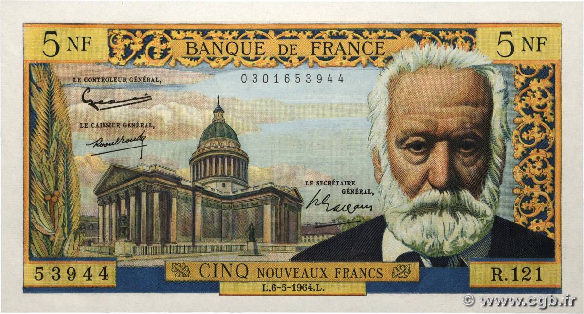 5 Nouveaux Francs VICTOR HUGO FRANKREICH  1964 F.56.15 VZ+