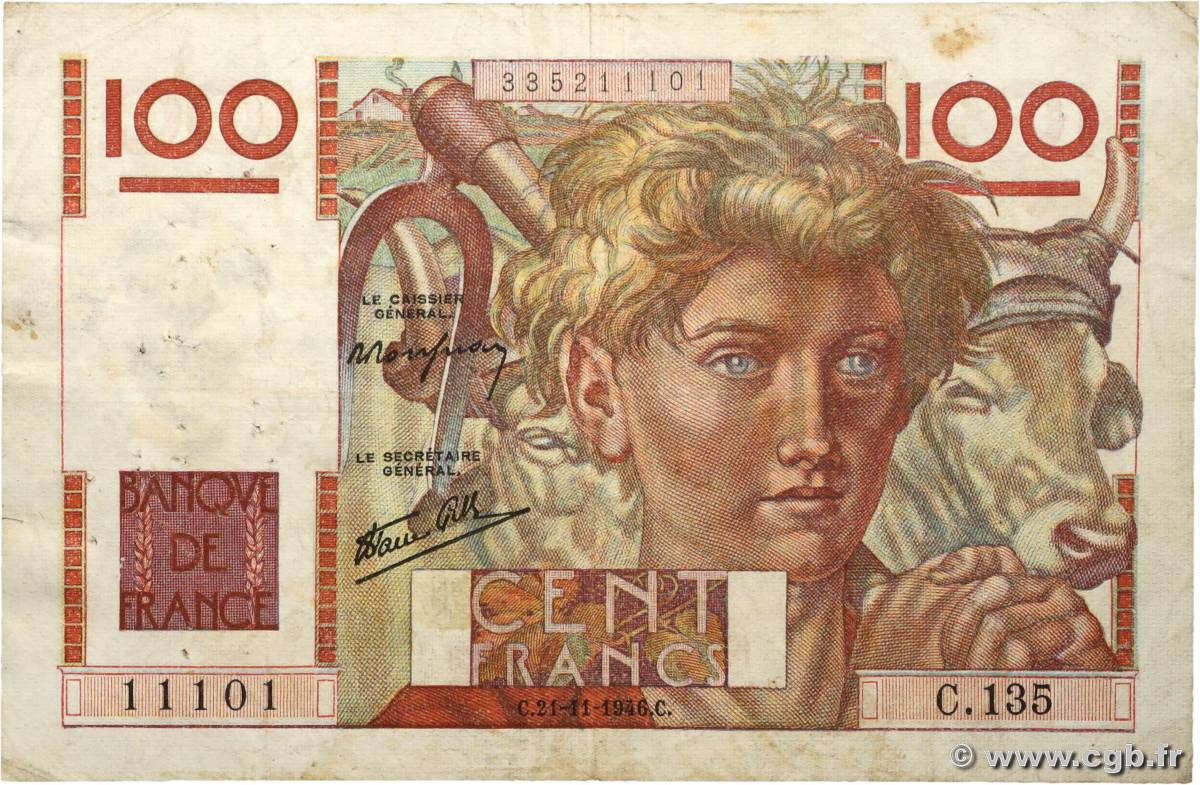 100 Francs JEUNE PAYSAN FRANKREICH  1946 F.28.11 S