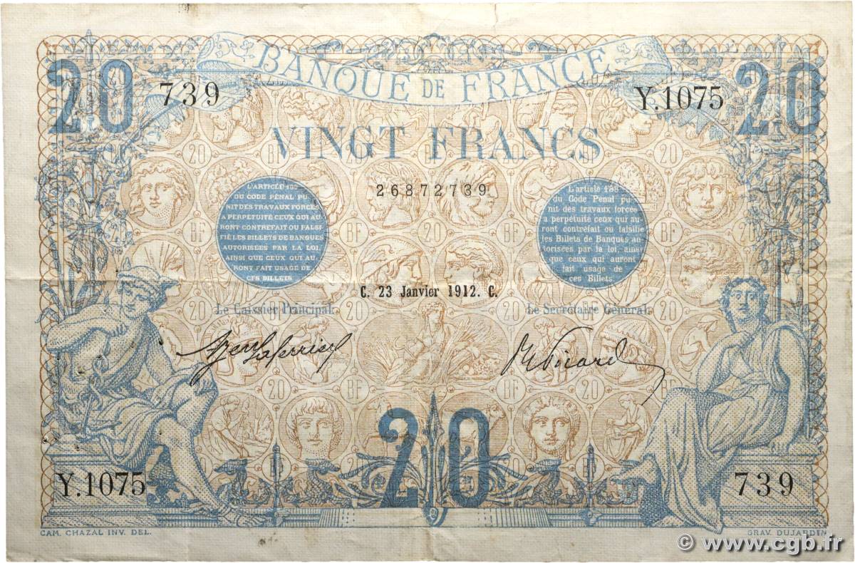 20 Francs BLEU FRANCIA  1912 F.10.02 BC+