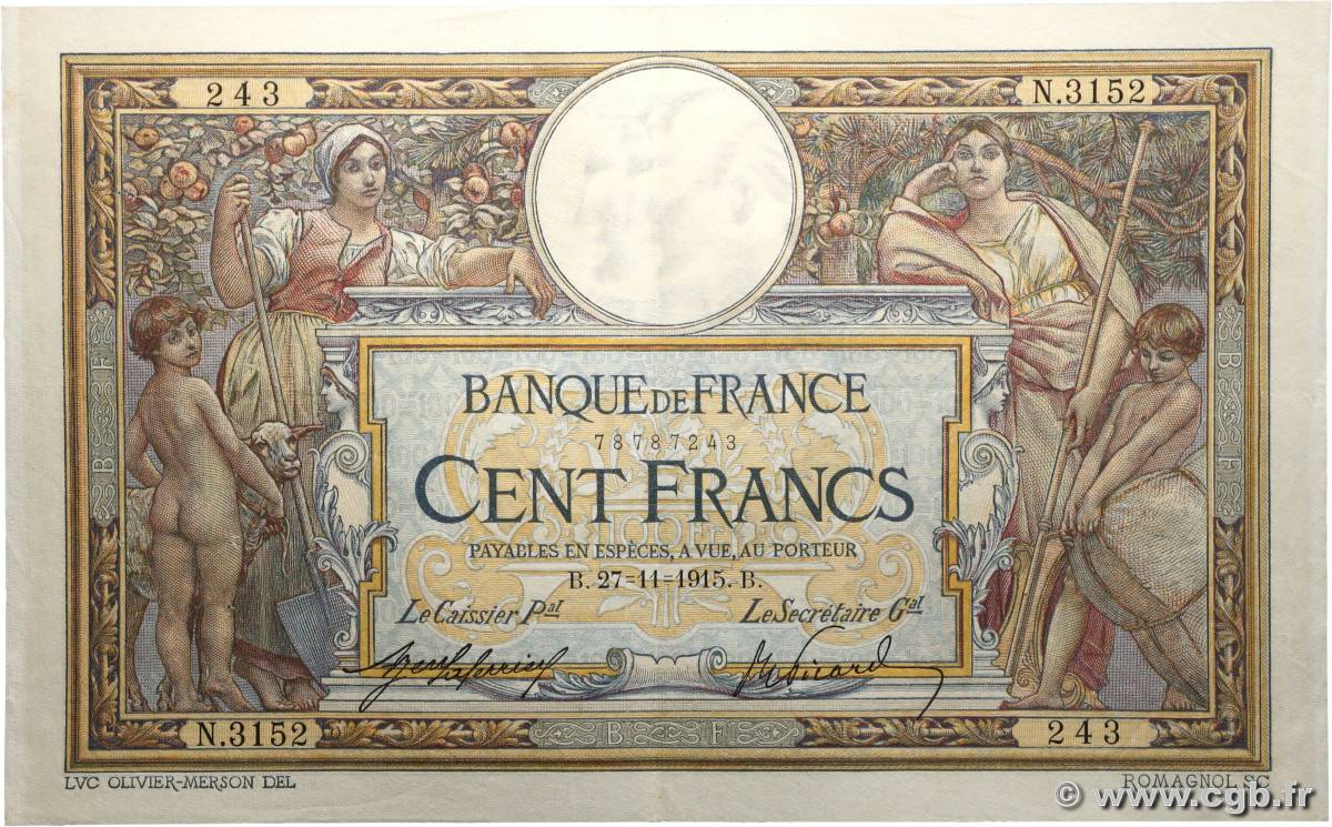 100 Francs LUC OLIVIER MERSON sans LOM FRANCIA  1915 F.23.07 MBC+