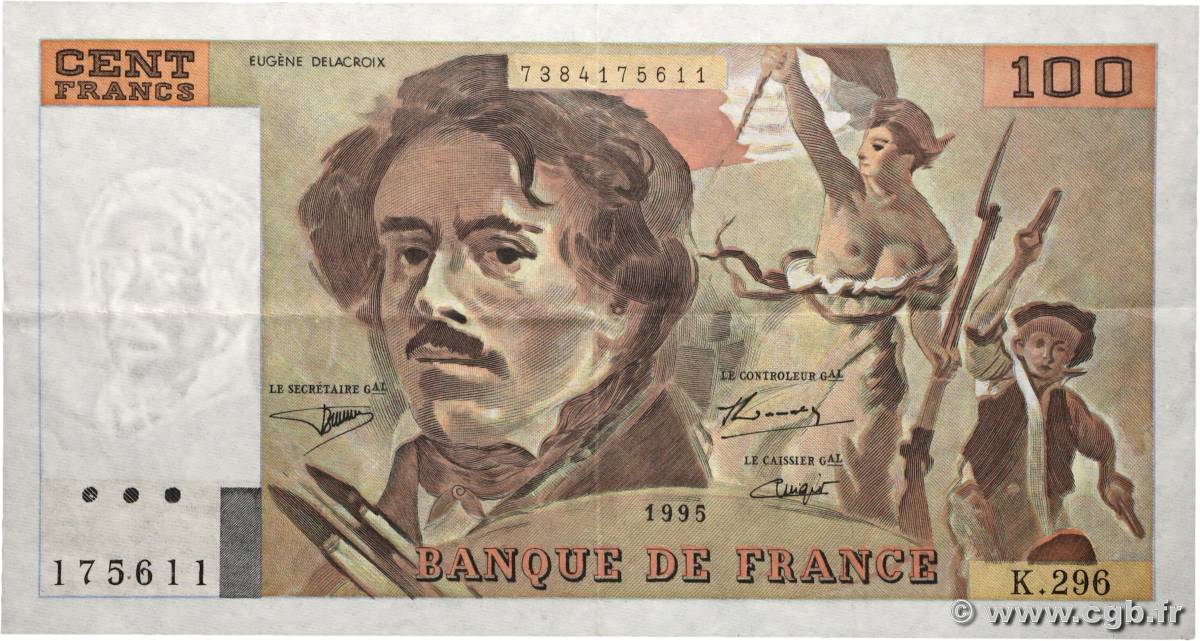 100 Francs DELACROIX 442-1 & 442-2 FRANKREICH  1995 F.69ter.02c fVZ