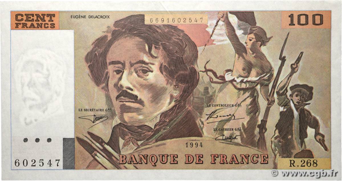 100 Francs DELACROIX 442-1 & 442-2 FRANKREICH  1994 F.69ter.01b VZ