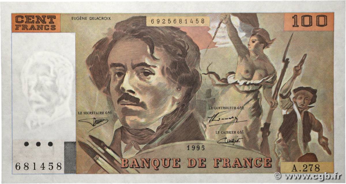 100 Francs DELACROIX 442-1 & 442-2 FRANKREICH  1995 F.69ter.02b VZ