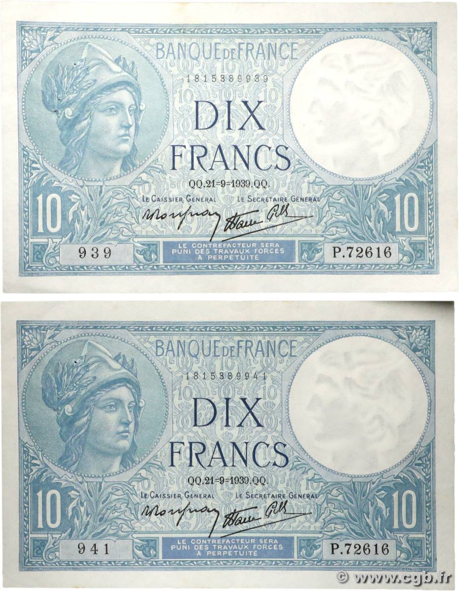 10 Francs MINERVE modifié Lot FRANKREICH  1939 F.07.08 VZ