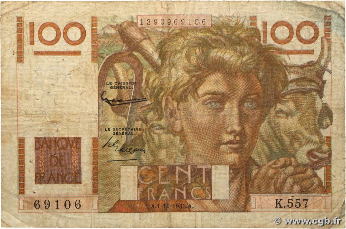 100 Francs JEUNE PAYSAN filigrane inversé FRANKREICH  1953 F.28bis.03 SGE