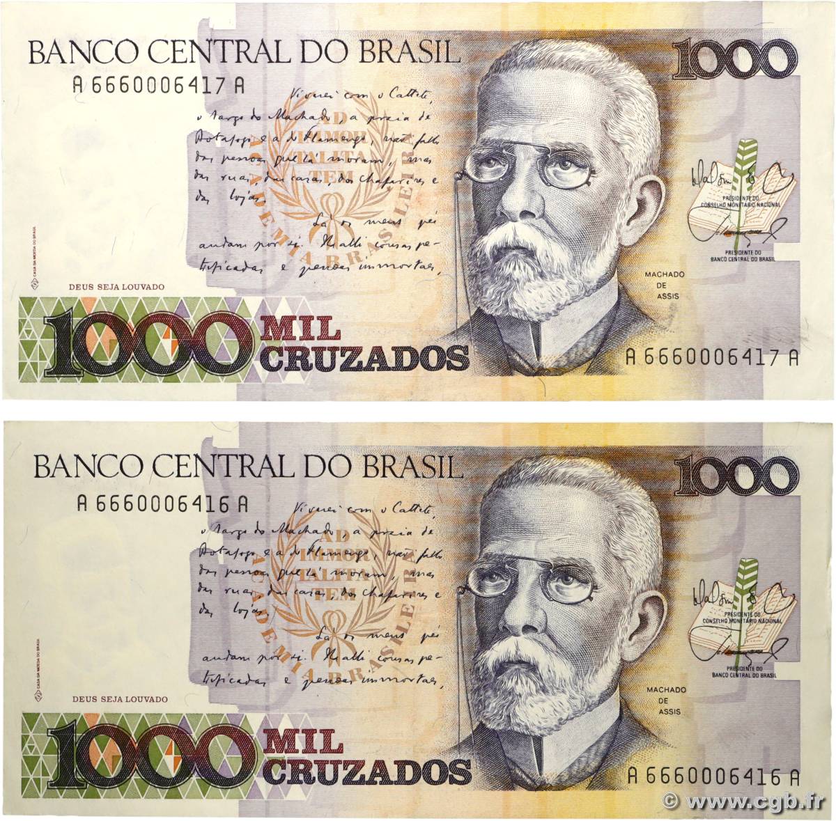 1000 Cruzados Consécutifs BRASILIEN  1988 P.213b fVZ