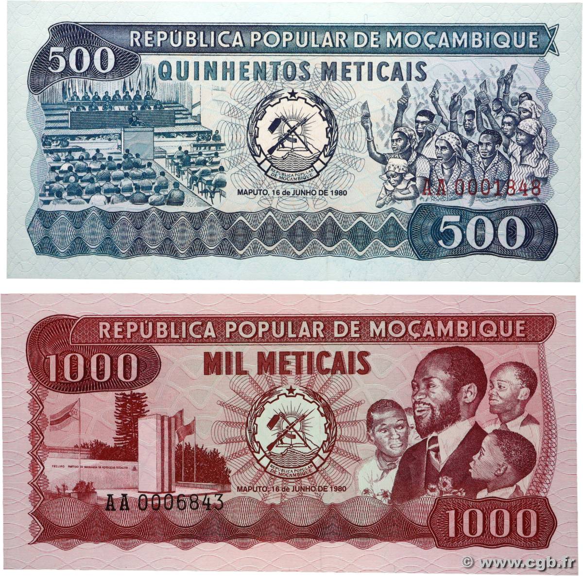 500 et 1000 Meticais Lot MOZAMBIQUE  1980 P.127 et P.128 UNC