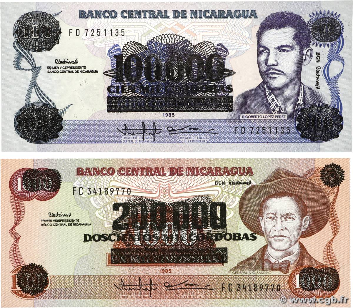 100000 Cordobas sur 100 Cordobas et 200000 Cordobas sur 1000 Cordobas Lot NICARAGUA  1989 P.159 et P.162 NEUF