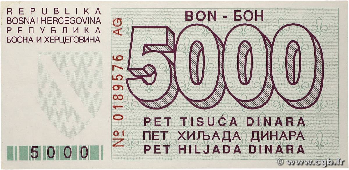 5000 Dinara BOSNIA HERZEGOVINA  1992 P.027a UNC-