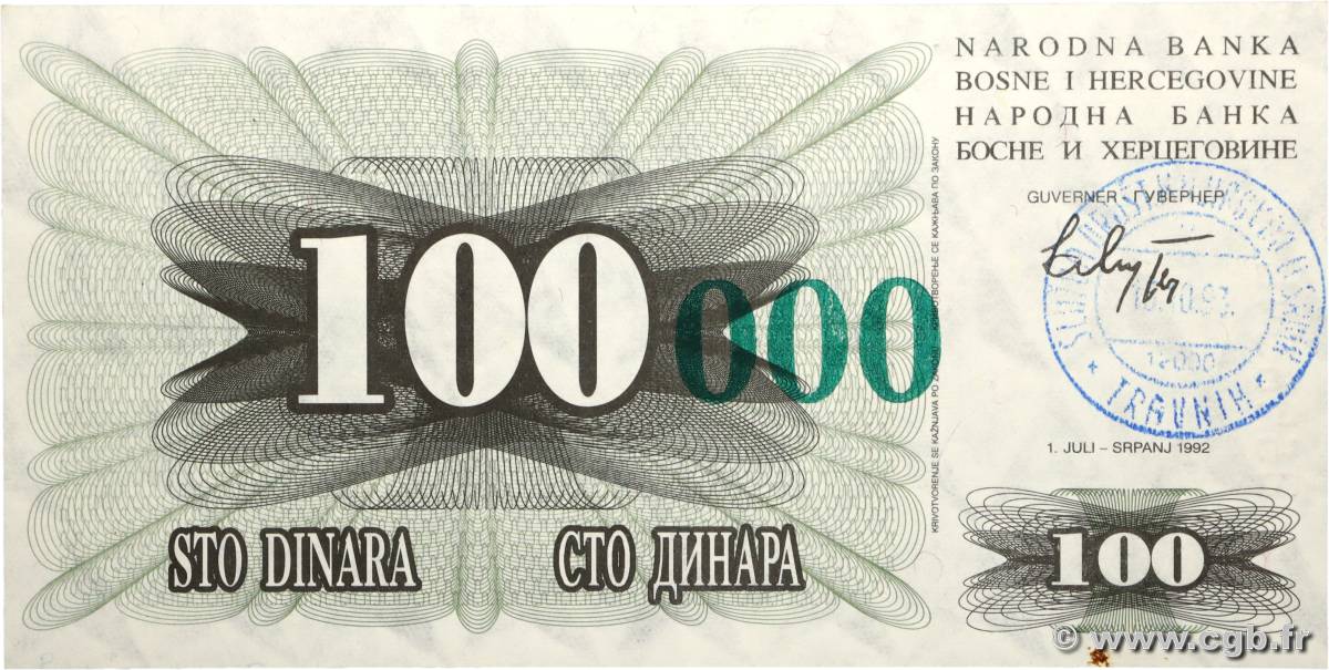 100000 Dinara BOSNIA HERZEGOVINA  1993 P.056a UNC-