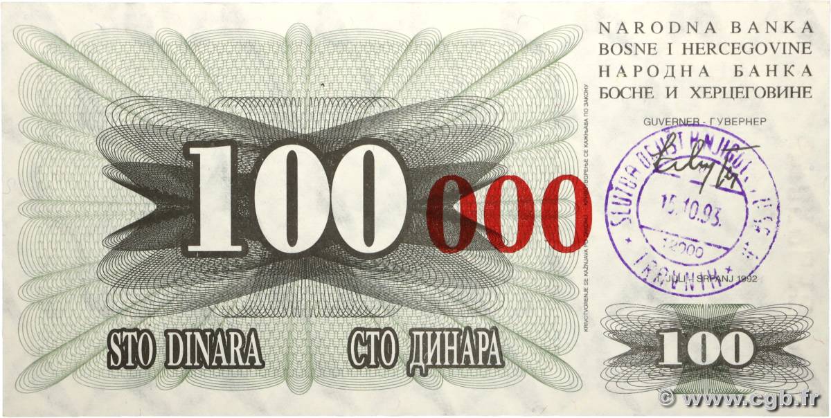 100000 Dinara BOSNIA-HERZEGOVINA  1993 P.056b FDC