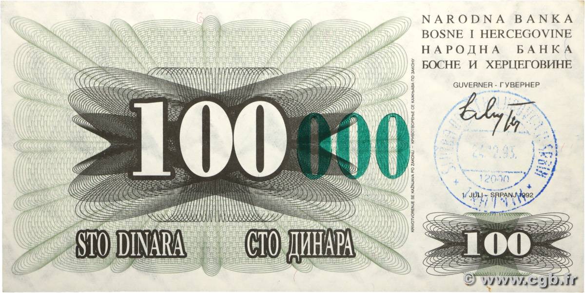 100000 Dinara BOSNIE HERZÉGOVINE 1993 P.056c 554141 Billets