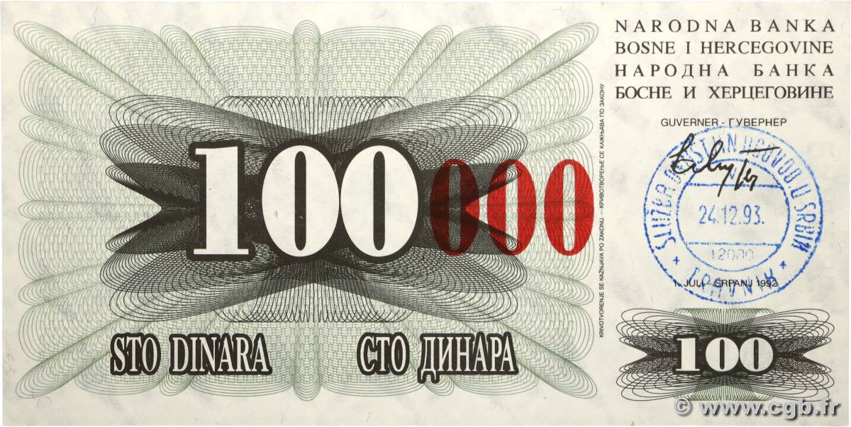 100000 Dinara BOSNIA HERZEGOVINA  1993 P.056d UNC
