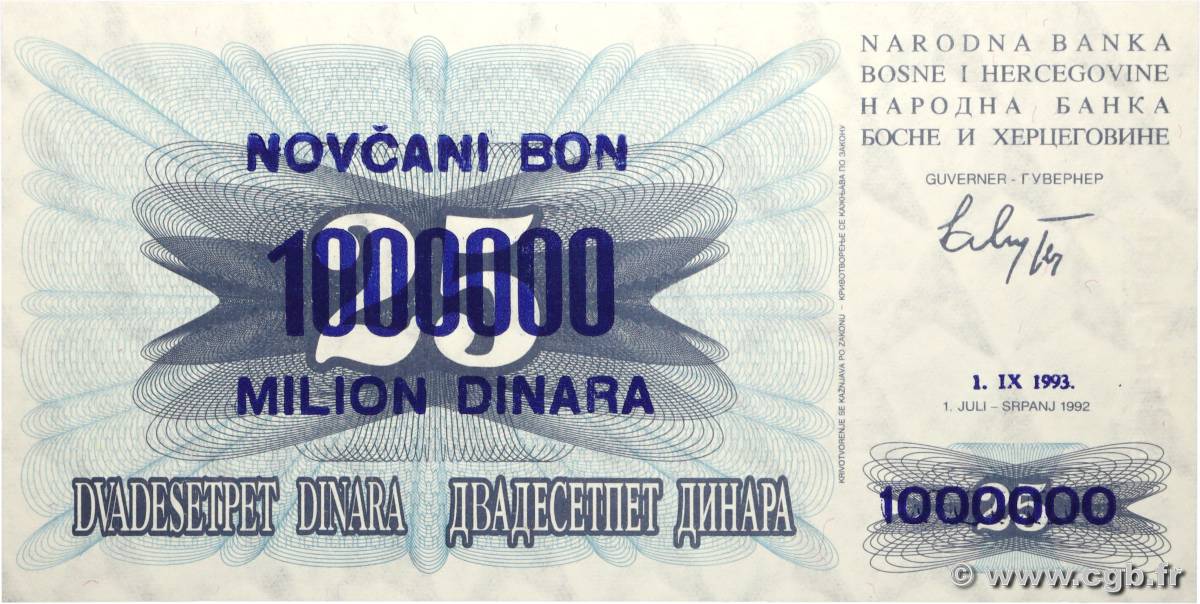 1000000 Dinara BOSNIA HERZEGOVINA  1993 P.035a UNC