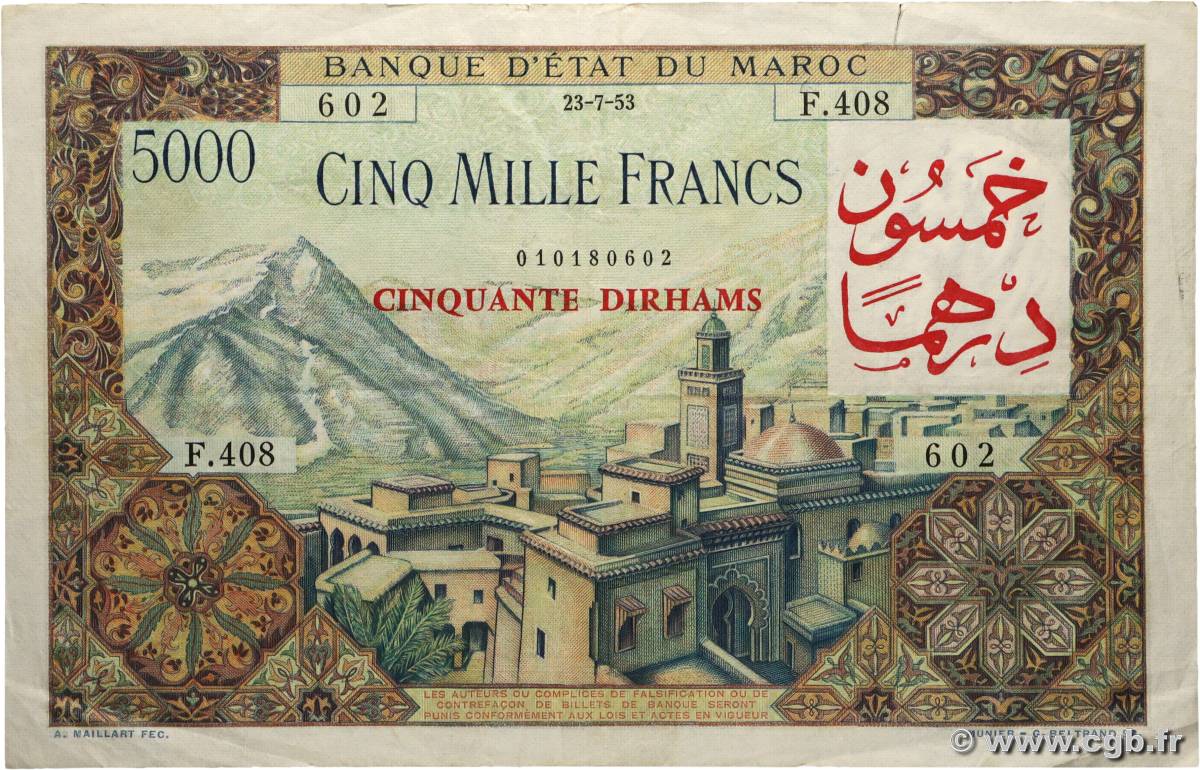 50 Dirhams sur 5000 Francs MAROC  1953 P.51 pr.TTB