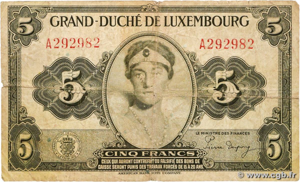 5 Francs LUXEMBOURG  1944 P.43b B