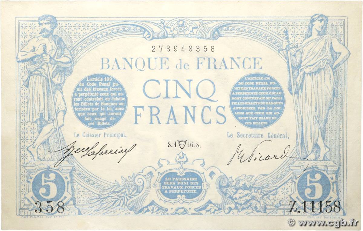 5 Francs BLEU FRANCE  1916 F.02.38 SUP+