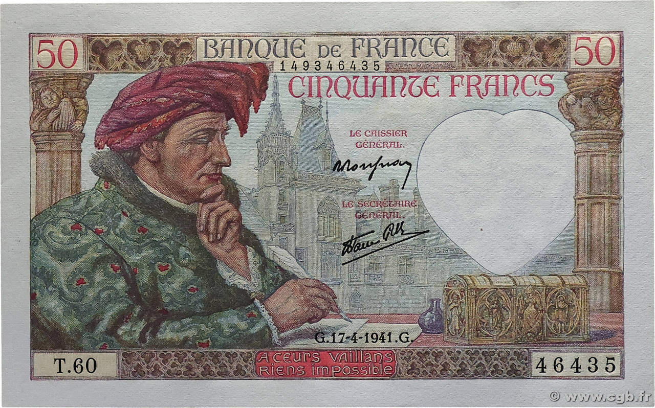 50 Francs JACQUES CŒUR FRANCE  1941 F.19.08 pr.NEUF