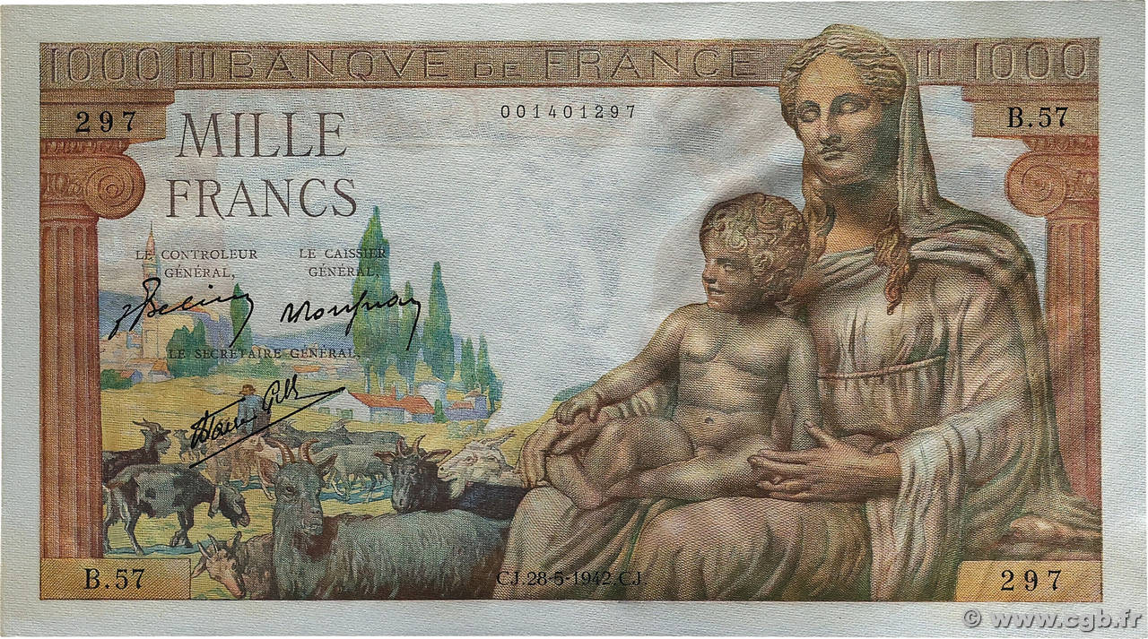 1000 Francs DÉESSE DÉMÉTER FRANCE  1942 F.40.01 pr.NEUF