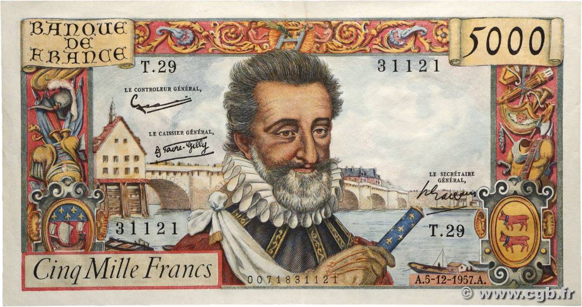 5000 Francs HENRI IV FRANCE  1957 F.49.04 SPL+