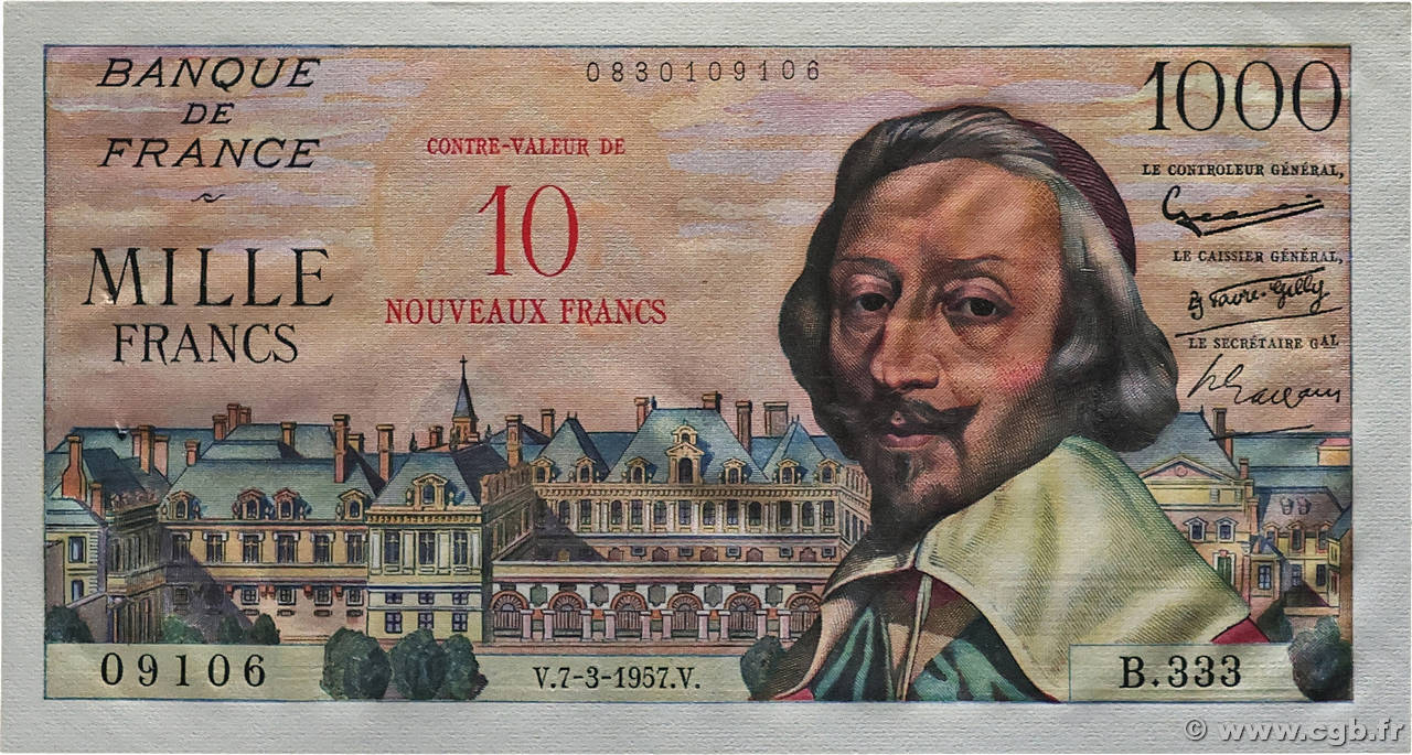 10 NF sur 1000 Francs RICHELIEU FRANCE  1957 F.53.01 SPL