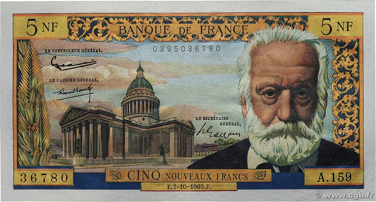 5 Nouveaux Francs VICTOR HUGO FRANCE  1965 F.56.20 pr.SPL