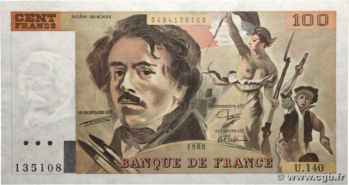 100 Francs DELACROIX modifié FRANKREICH  1989 F.69.13b fST+