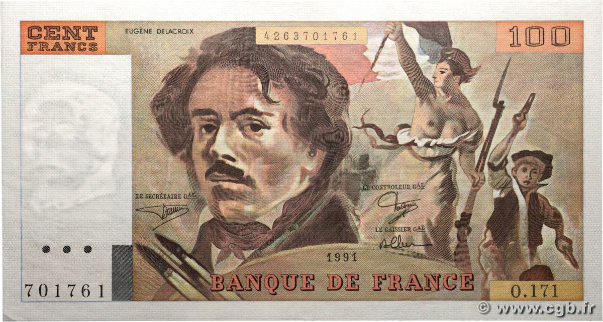 100 Francs DELACROIX imprimé en continu FRANCE  1991 F.69bis.03a2 AU+