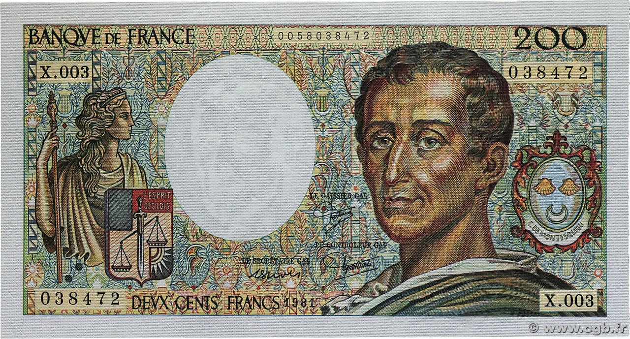 200 Francs MONTESQUIEU FRANCE  1981 F.70.01 pr.NEUF