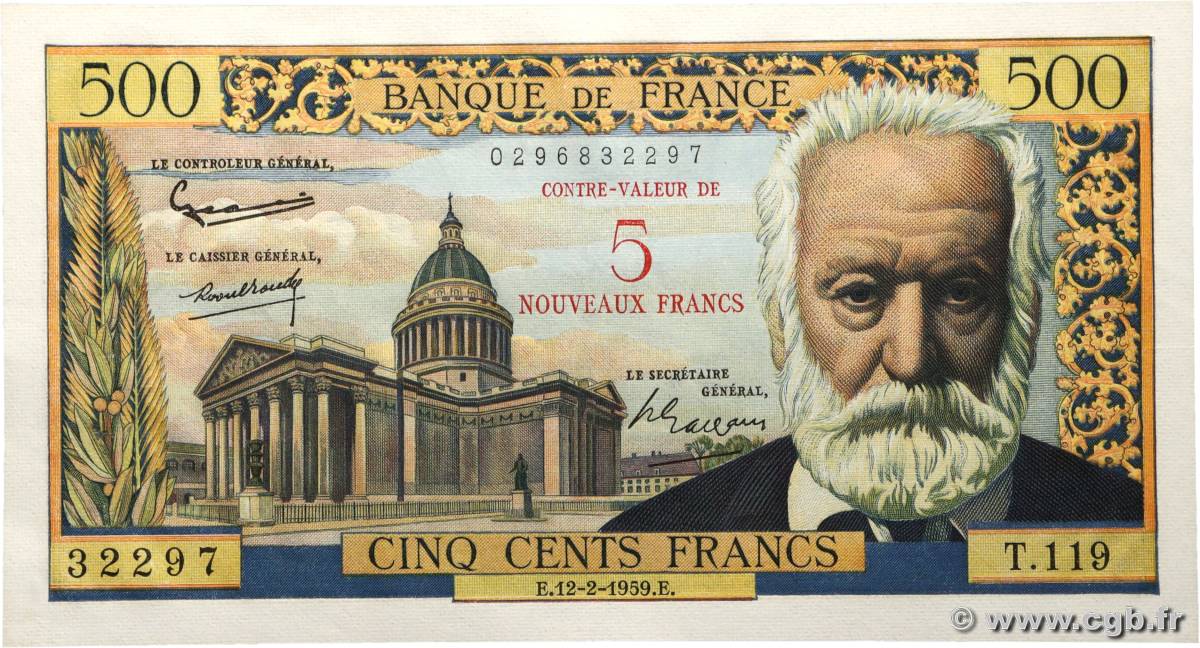 5 NF sur 500 Francs Victor HUGO FRANCIA  1959 F.52.02 FDC