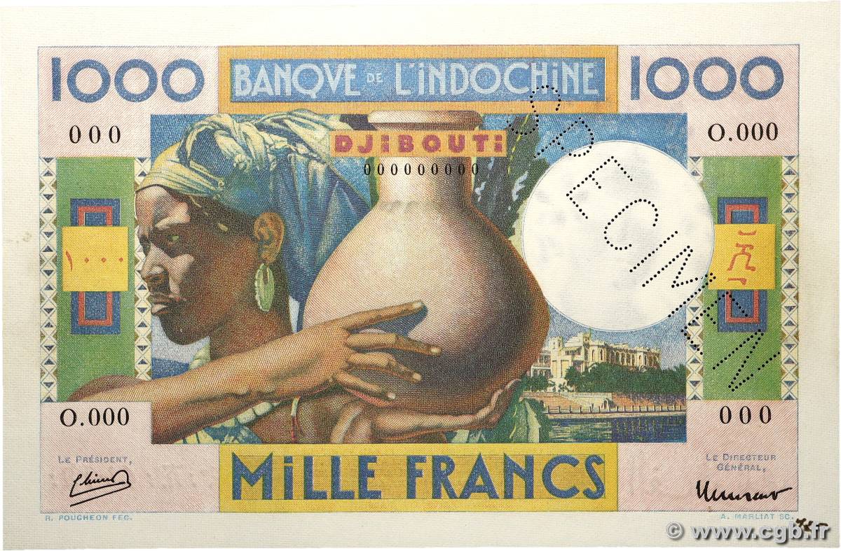 1000 Francs Spécimen DSCHIBUTI   1947 P.20s fST+