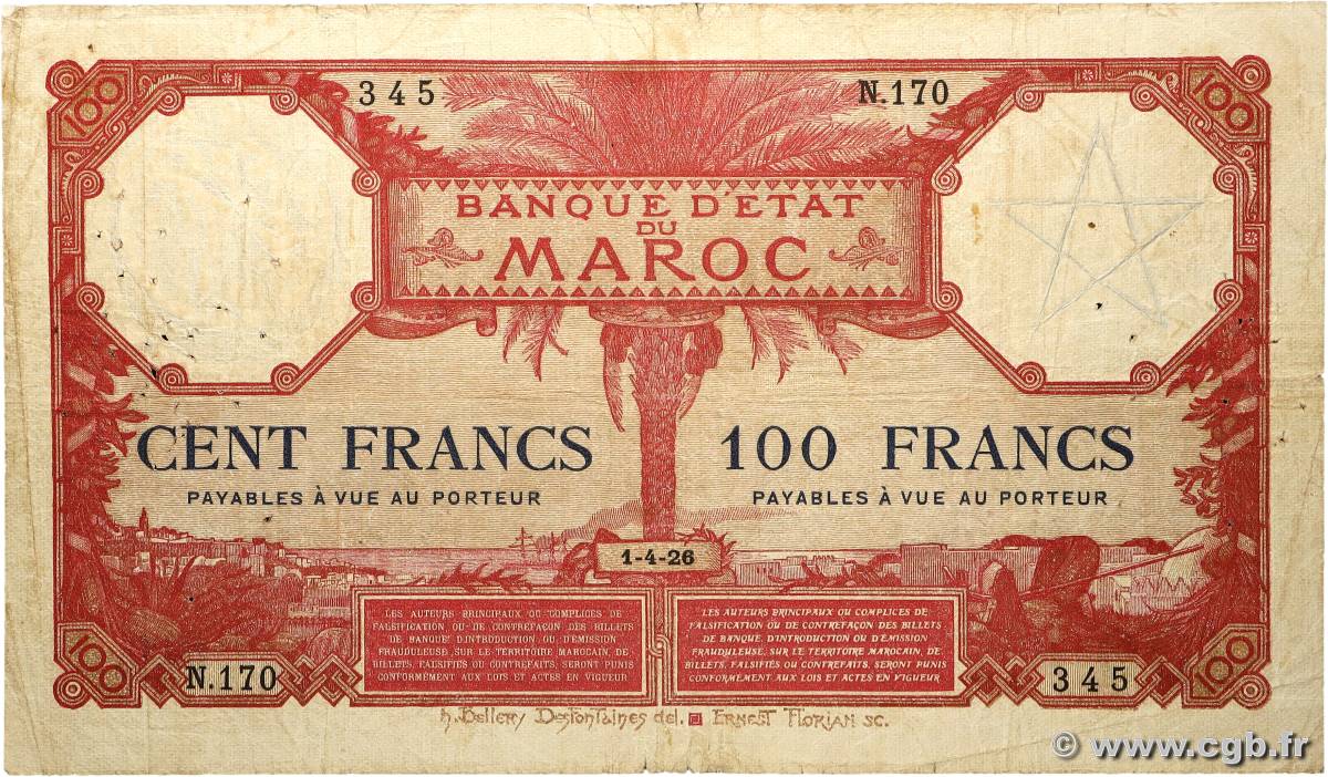 100 Francs MAROKKO  1926 P.14 fS