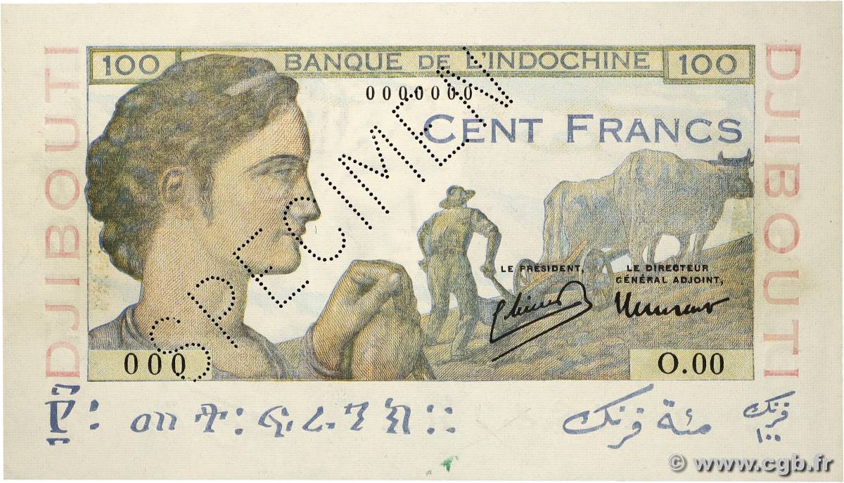 100 Francs Spécimen DSCHIBUTI   1946 P.19As fST