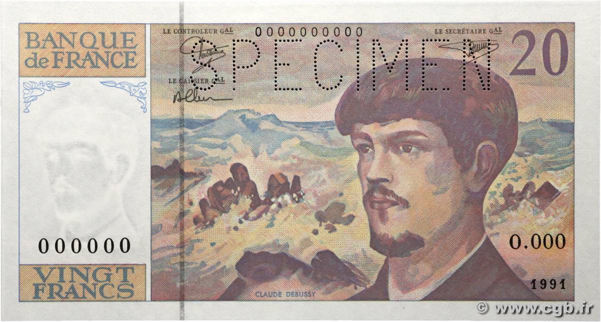 20 Francs DEBUSSY à fil de sécurité Spécimen FRANCIA  1991 F.66bis.02Sp FDC