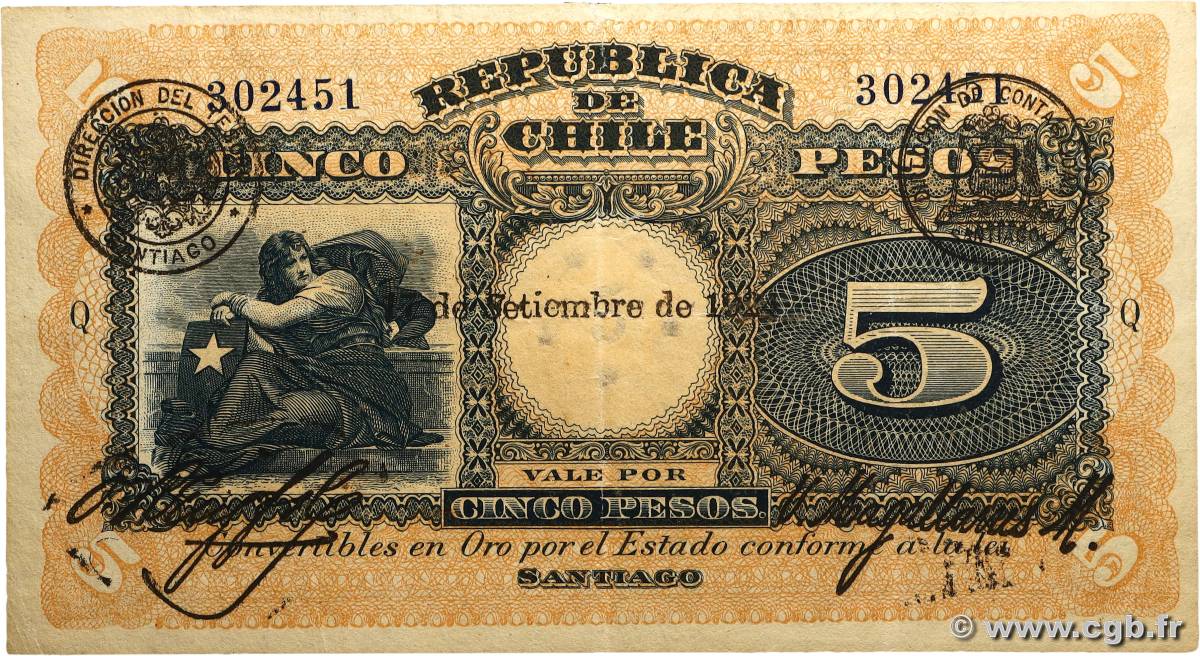 5 Pesos CHILI  1924 P.061 TTB