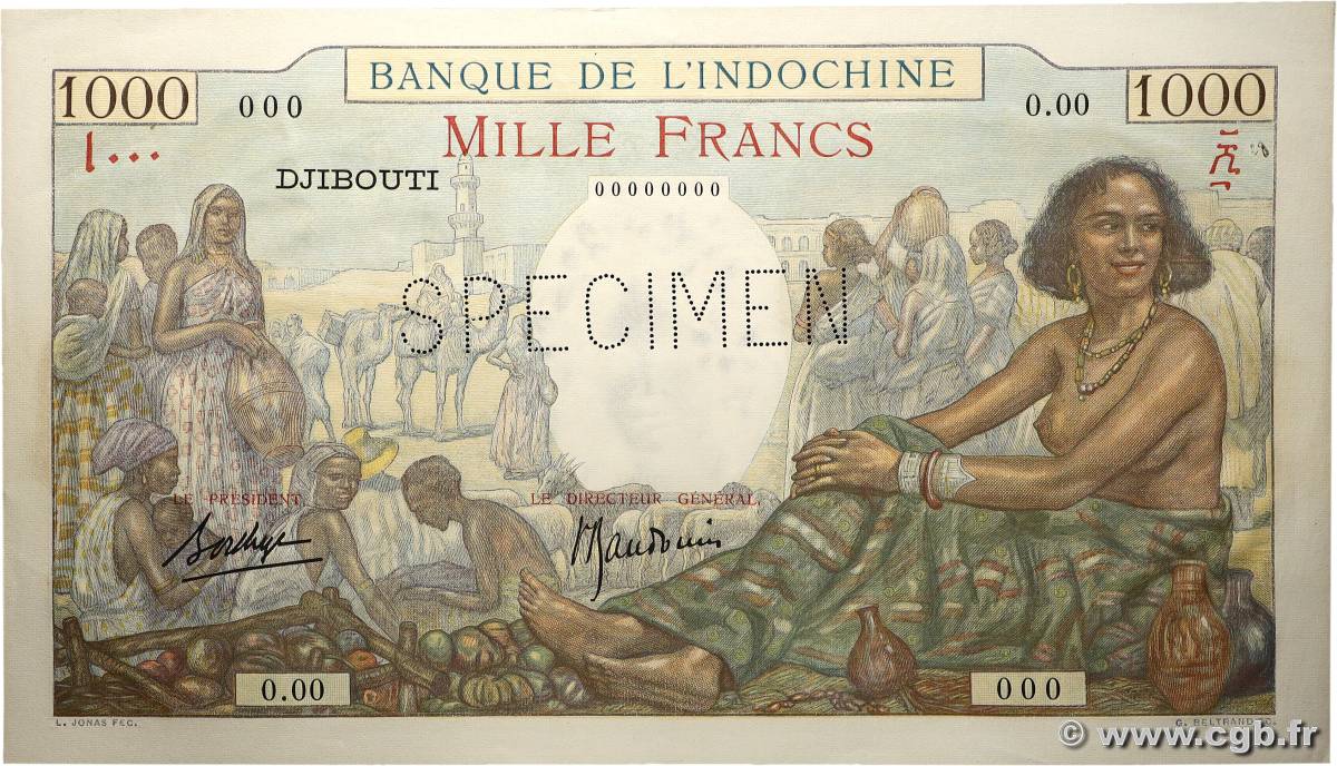 1000 Francs Spécimen DSCHIBUTI   1938 P.10s fST