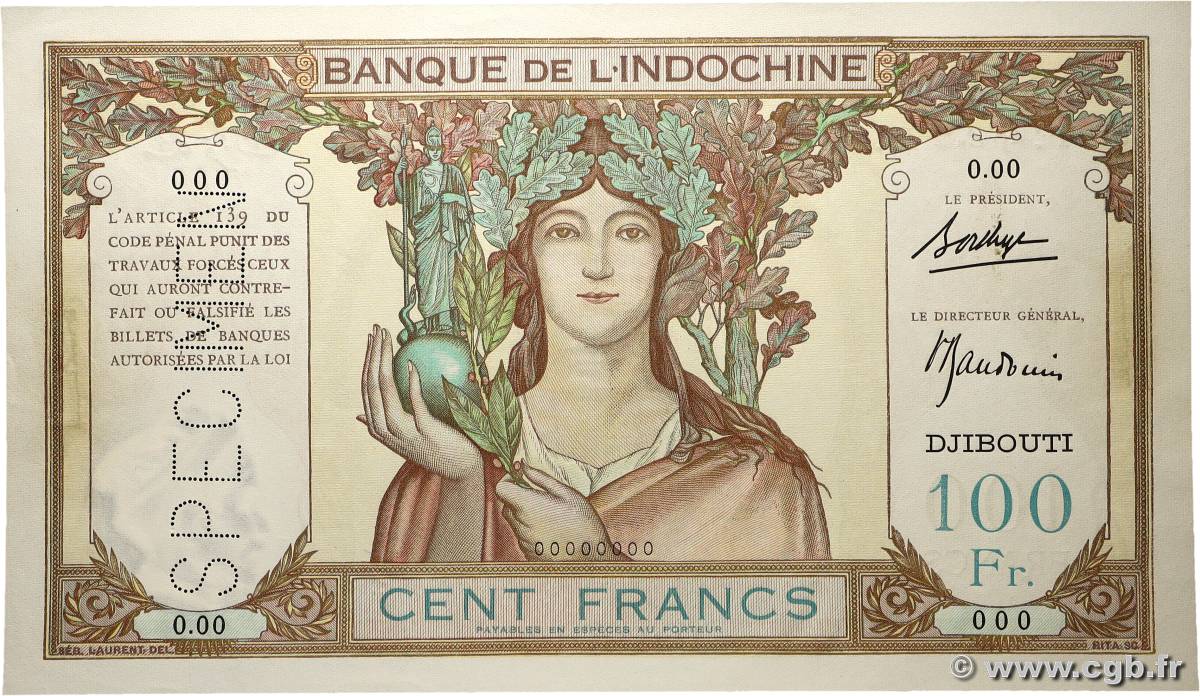 100 Francs Spécimen DSCHIBUTI   1931 P.08s fST