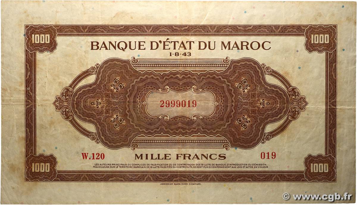 1000 Francs MAROKKO  1943 P.28a fSS