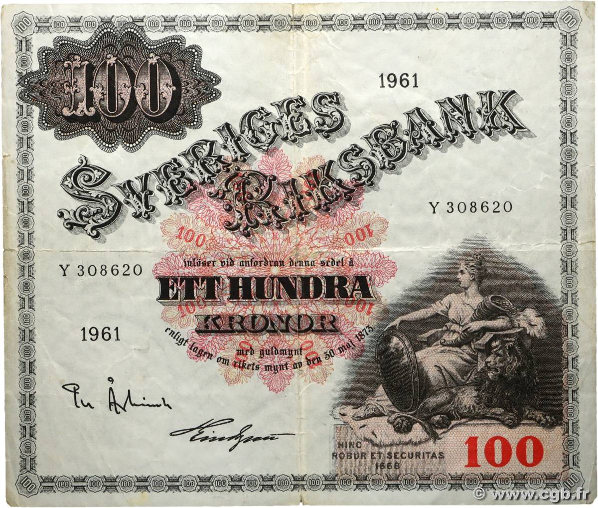 100 Kronor SUÈDE  1961 P.48c pr.TTB