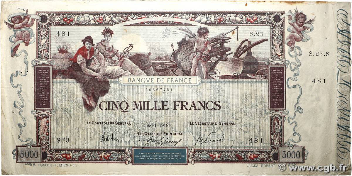 5000 Francs FLAMENG FRANKREICH  1918 F.43.01 fSS