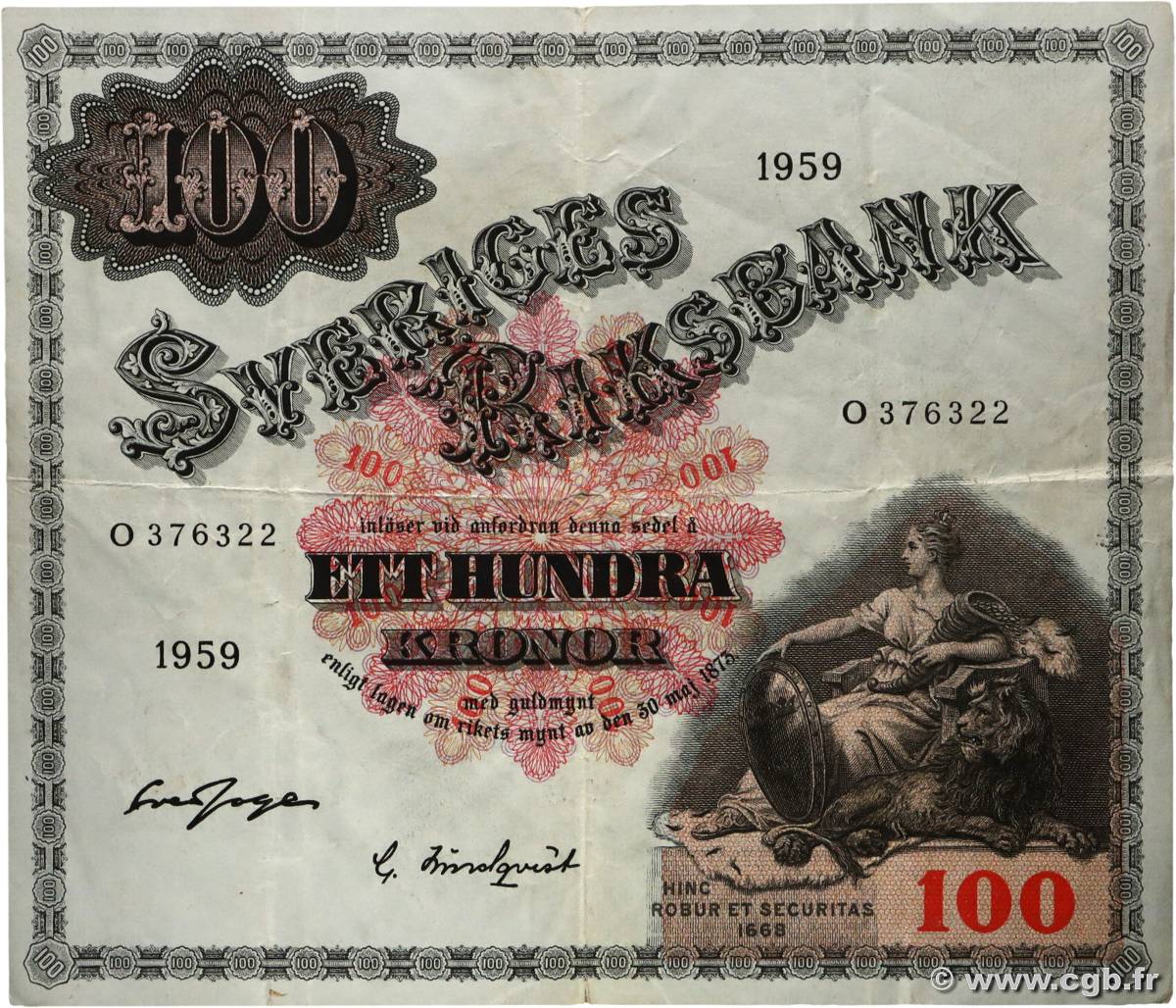 100 Kronor SWEDEN  1959 P.48a VF