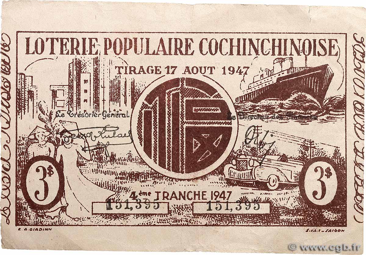 3 Dollars FRENCH INDOCHINA  1947 P.- VF