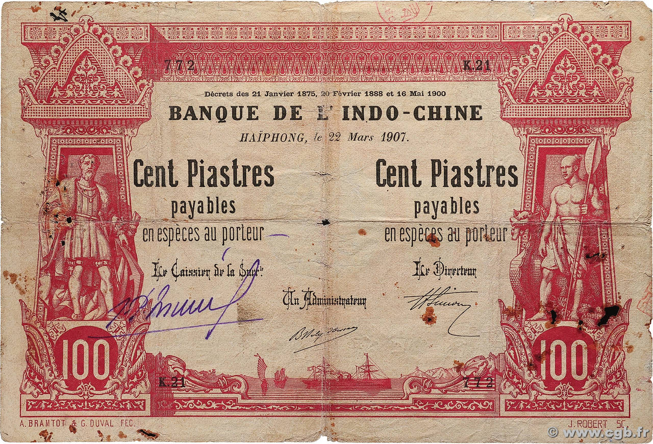 100 Piastres - 100 Piastres INDOCHINE FRANÇAISE Haïphong 1907 P.012 B+