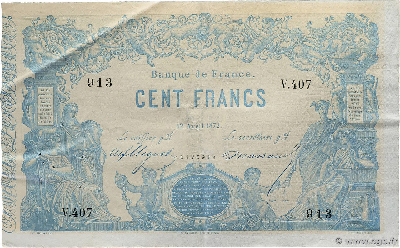 100 Francs type 1862 - Bleu à indices Noirs FRANCE  1872 F.A39.08 SUP